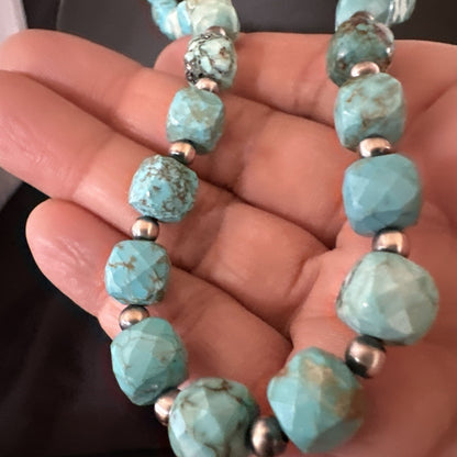 Faceted Blue Turquoise Navajo Sterling Silver Beads Necklace 21” 17727