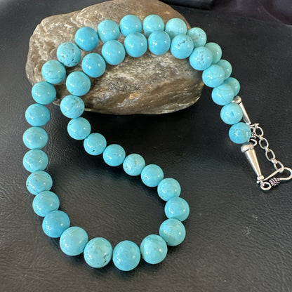 Blue Turquoise 10mm Round Bead Southwestern Sterling Silver Necklace 18” 19402