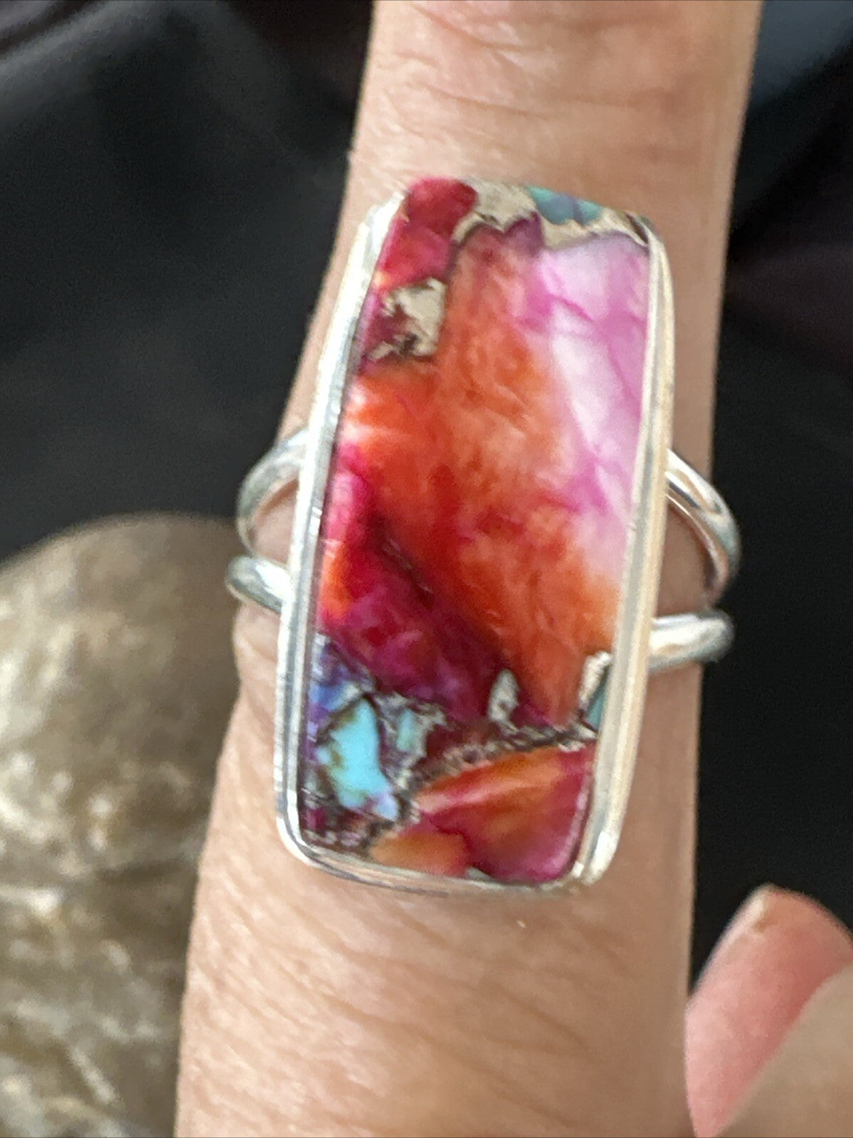Blue Turquoise Spiny Oyster Southwestern Sterling Silver Ring Size 9 18465