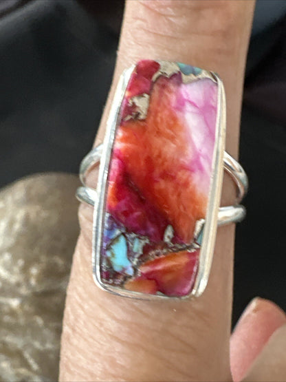 Blue Turquoise Spiny Oyster Southwestern Sterling Silver Ring Size 9 18465