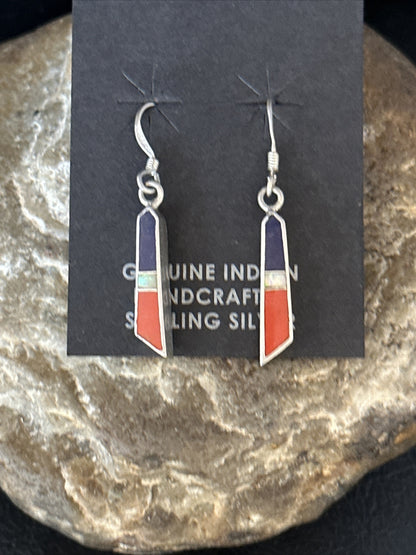 Lapis Opal & Coral Navajo Sterling Silver Inlay Earrings 1” 14766