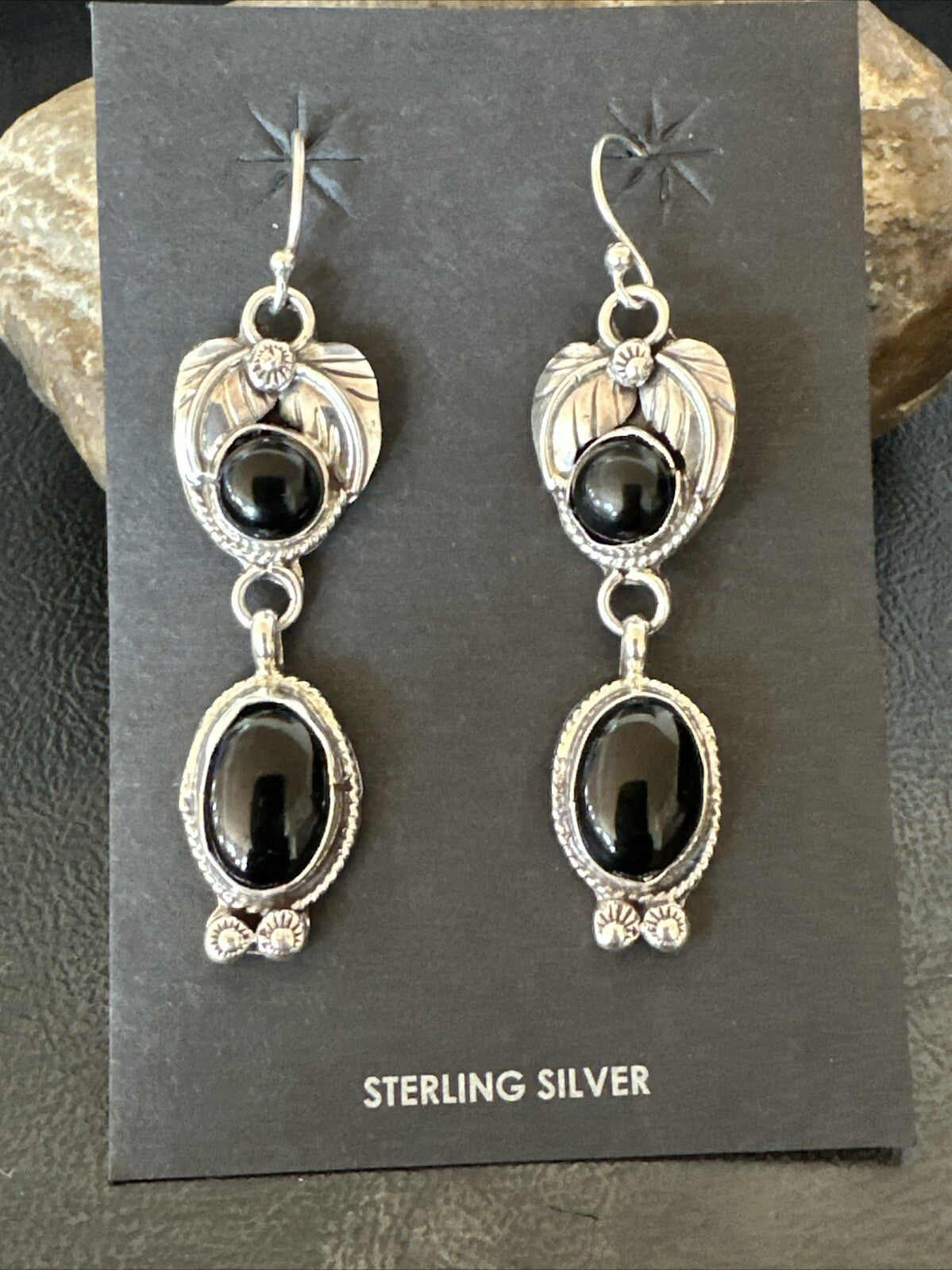 Black Onyx Navajo Sterling Silver Dangle Earrings 1.5" 18293