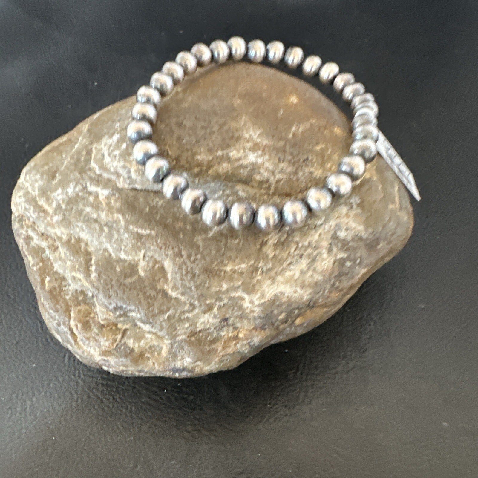 Native American 6mm Beads 7” Sterling Silver Stretch Beads Bracelet 90602