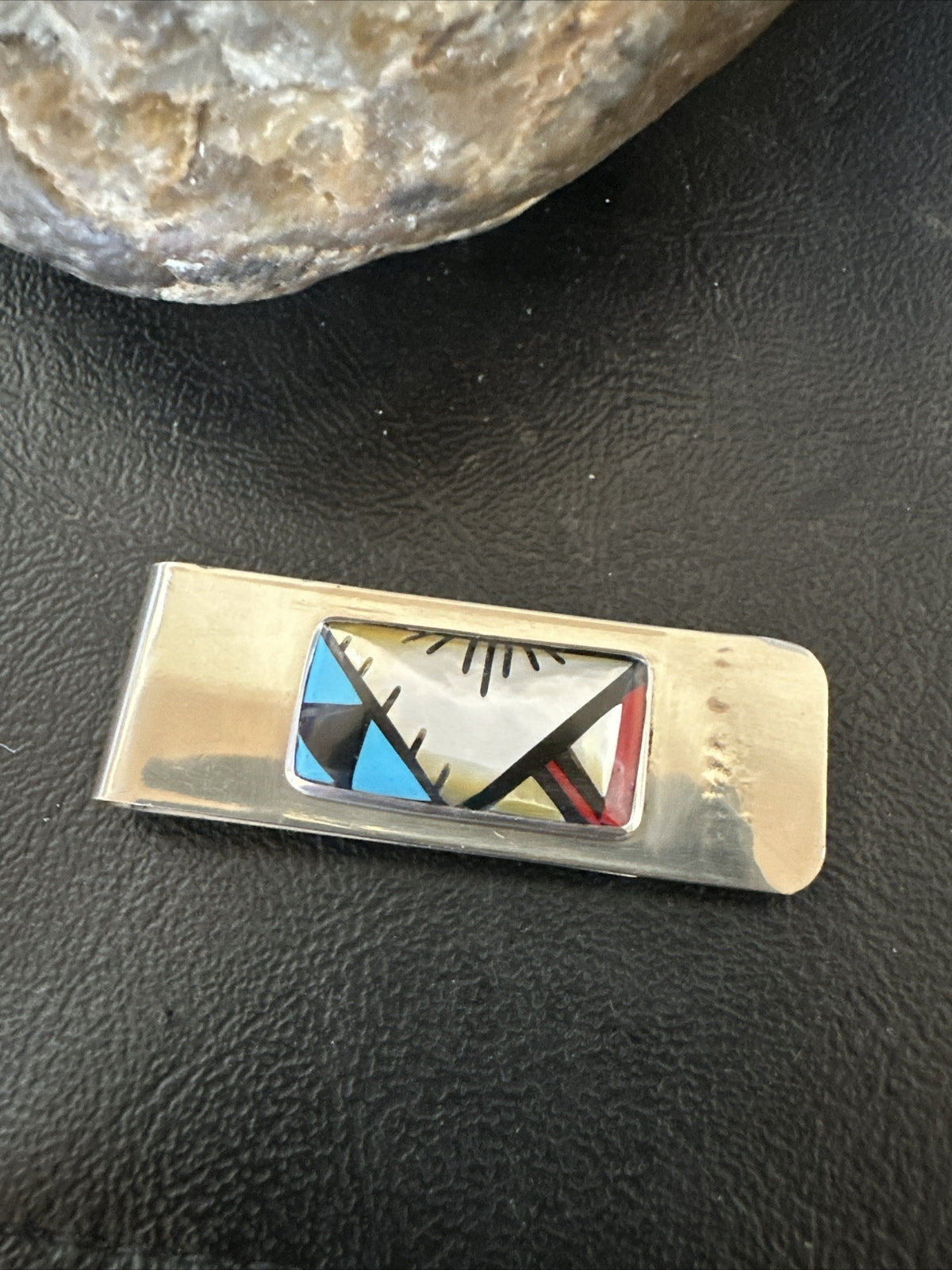 A Zuni Mens Turquoise Spiny Inlay Stainless Sterling Silver Money Clip 17835