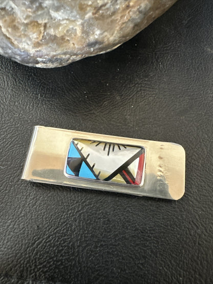 A Zuni Mens Turquoise Spiny Inlay Stainless Sterling Silver Money Clip 17835