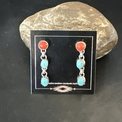 Blue Turquoise Red Spiny MultiColor Navajo Sterling Silver Inlay Earrings 18355