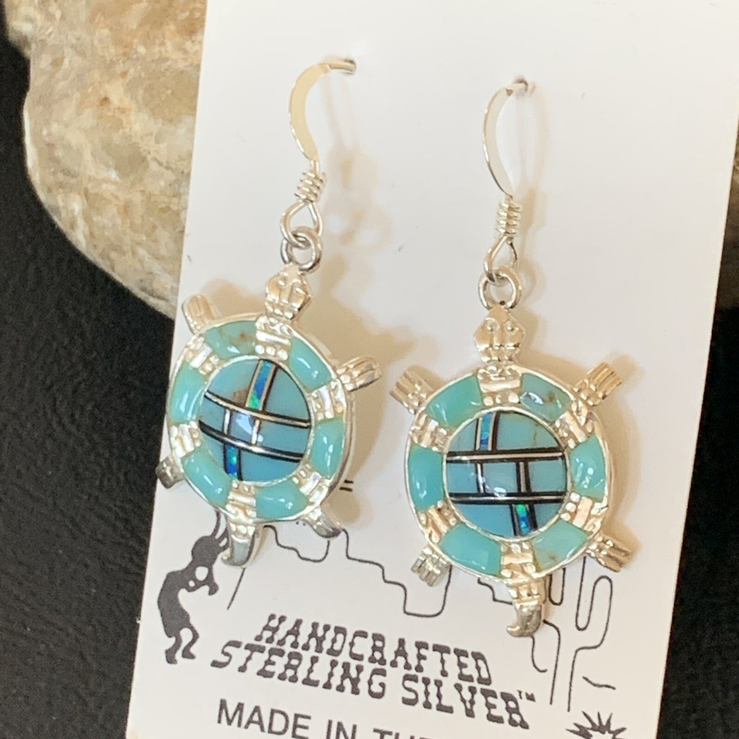 Turquoise & Opal Navajo Sterling Silver Inlay Turtle Earrings 0.5" 12015