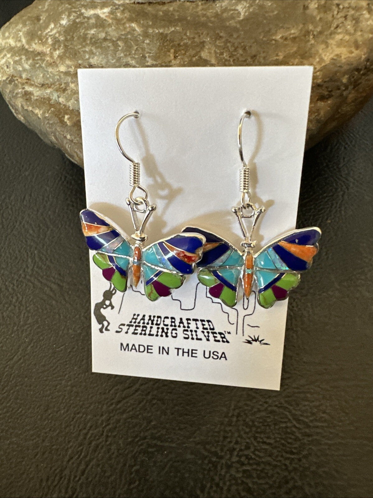 Butterfly Multicolor Spiny Lapis Opal Inlay Sterling Silver Earrings 19141