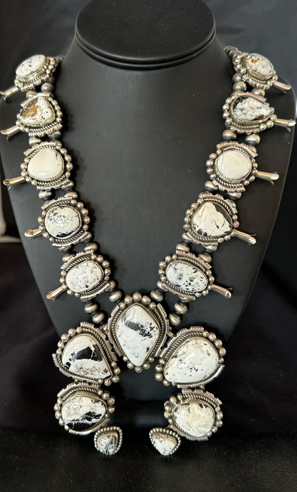White Buffalo Turquoise Pendant Navajo Sterling Silver Squash Necklace 19305