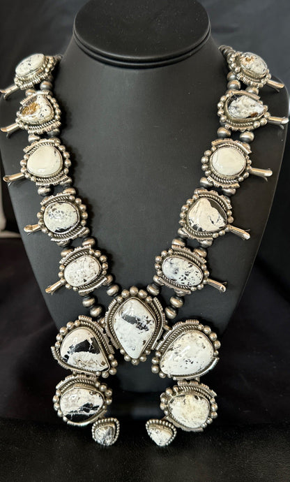 White Buffalo Turquoise Pendant Navajo Sterling Silver Squash Necklace 19305