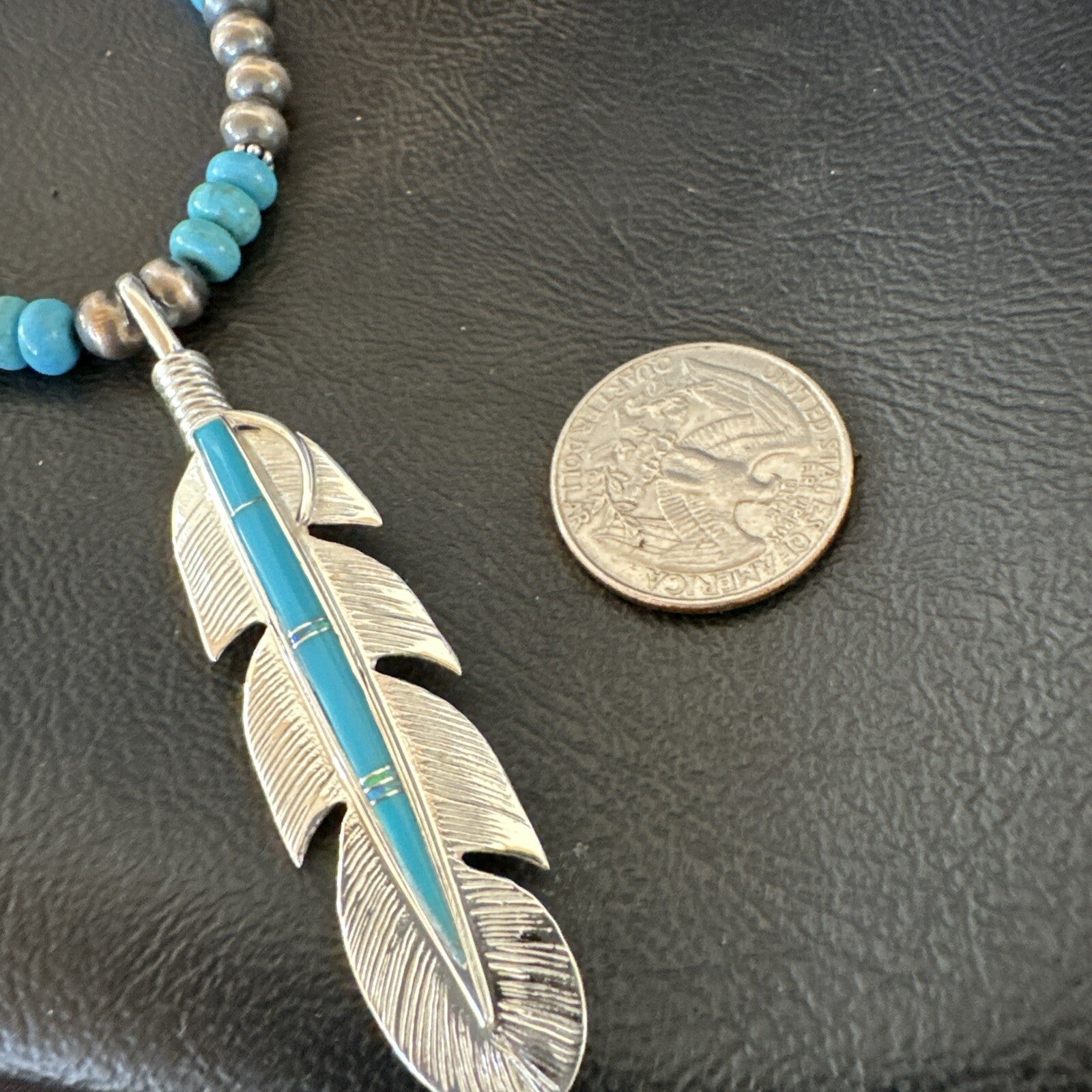 Mens Feather Turquoise Pendant Navajo Sterling Silver Necklace 18668