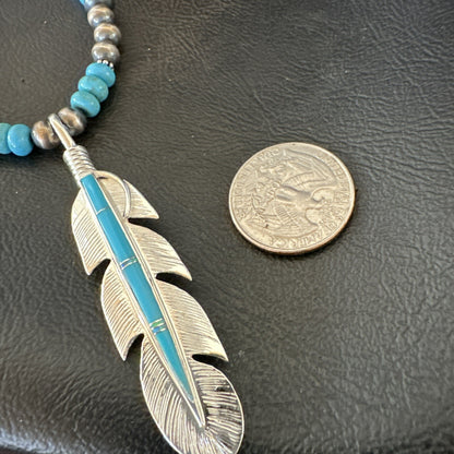 Mens Feather Turquoise Pendant Navajo Sterling Silver Necklace 18668
