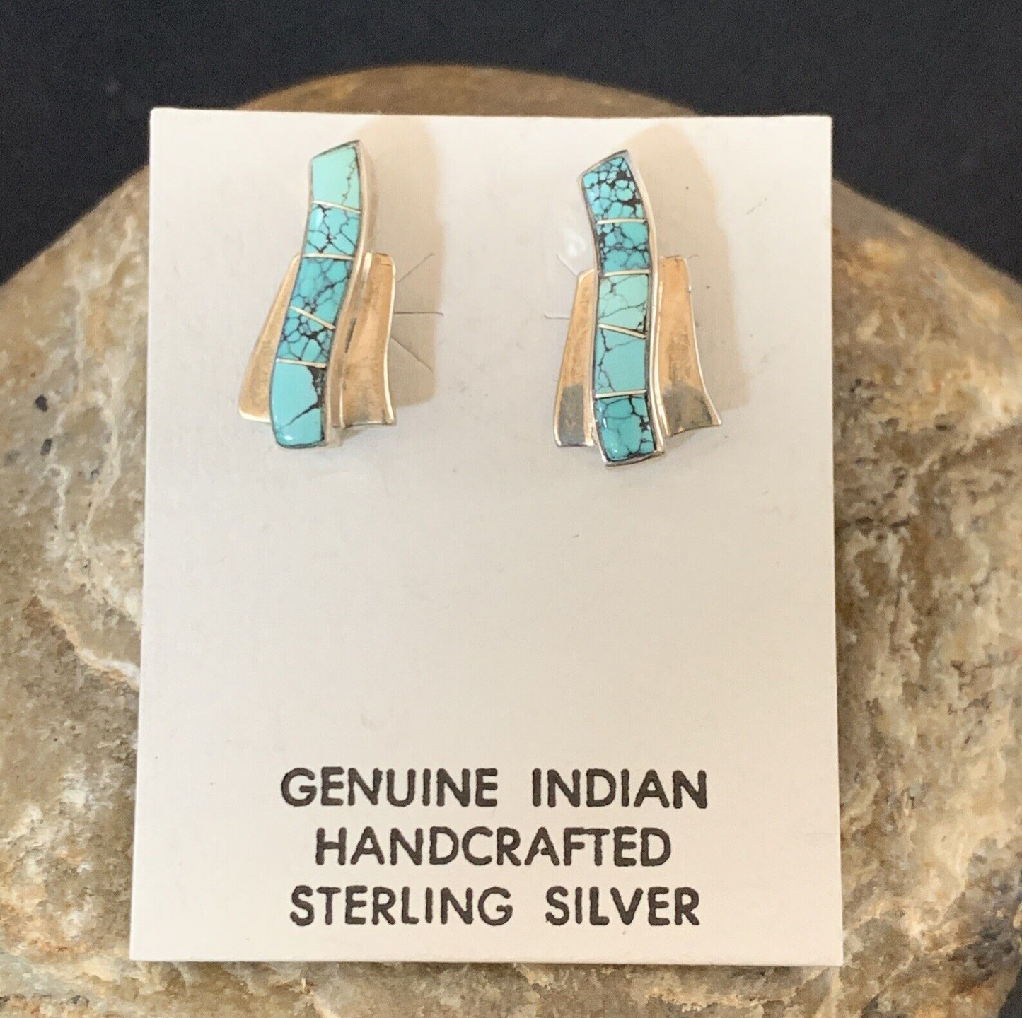 Womens Blue Spider Web Turquoise Navajo Sterling Silver Inlay Earrings 12899