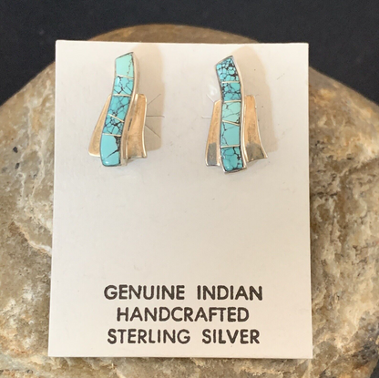 Womens Blue Spider Web Turquoise Navajo Sterling Silver Inlay Earrings 12899