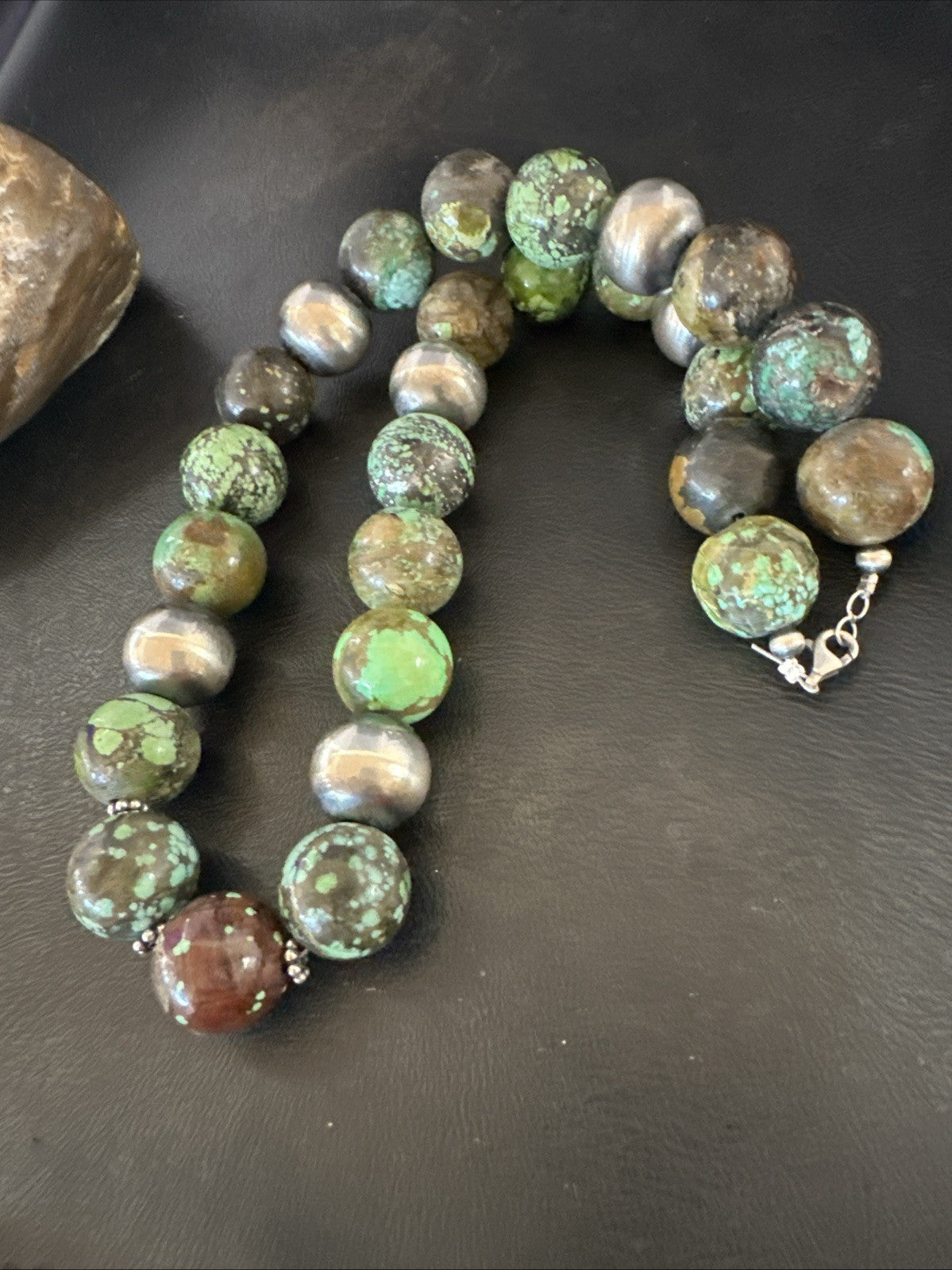 18mm Green Turquoise Round Navajo Pearls Sterling Silver Necklace 21" 19145