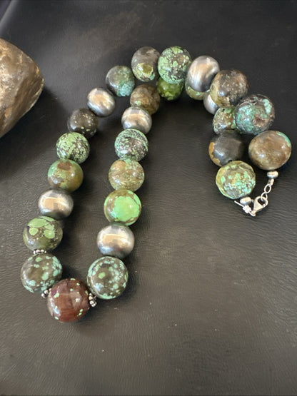 18mm Green Turquoise Round Navajo Pearls Sterling Silver Necklace 21" 19145