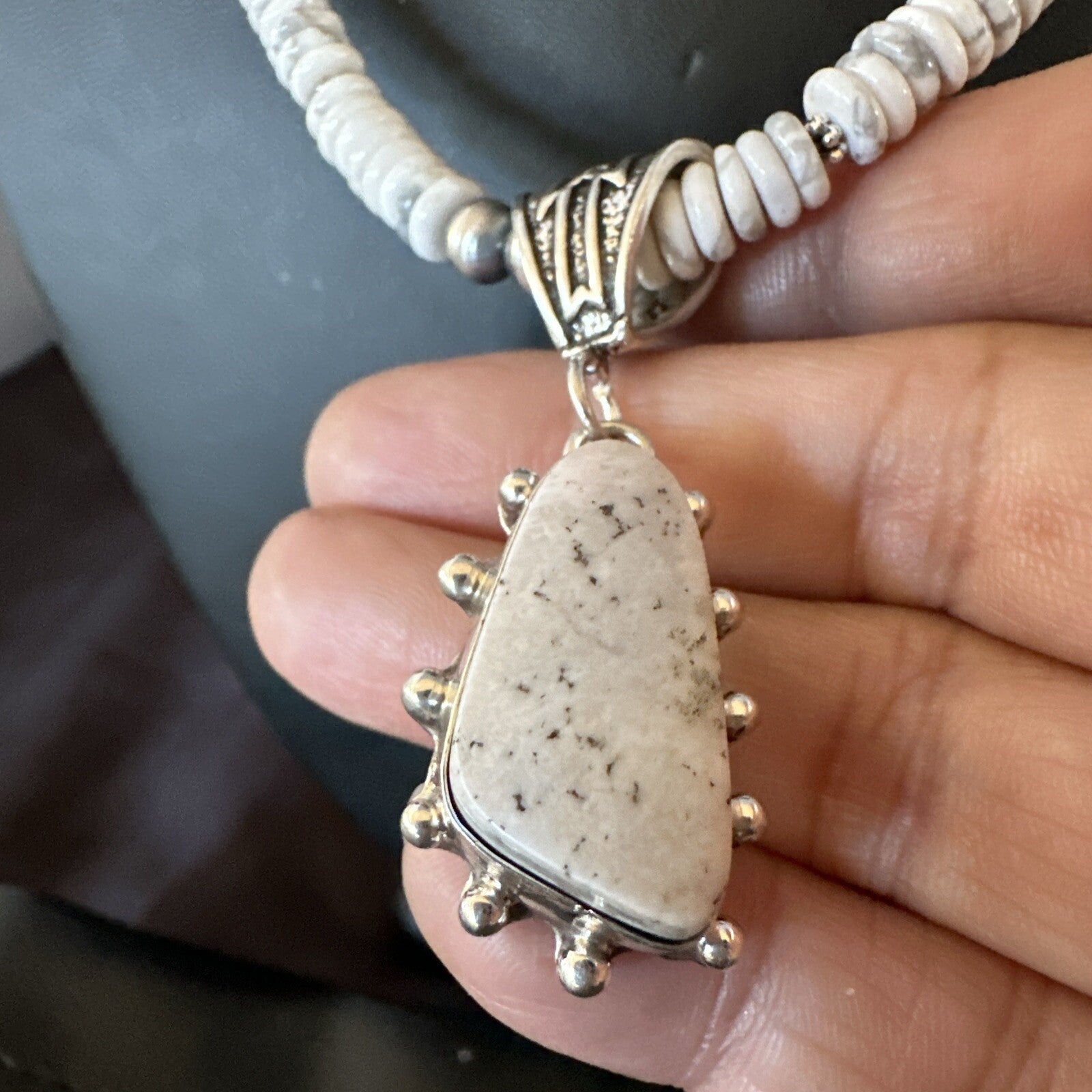 White Buffalo Turquoise Pendant Navajo Pearls Sterling Silver Necklace 22" 18259