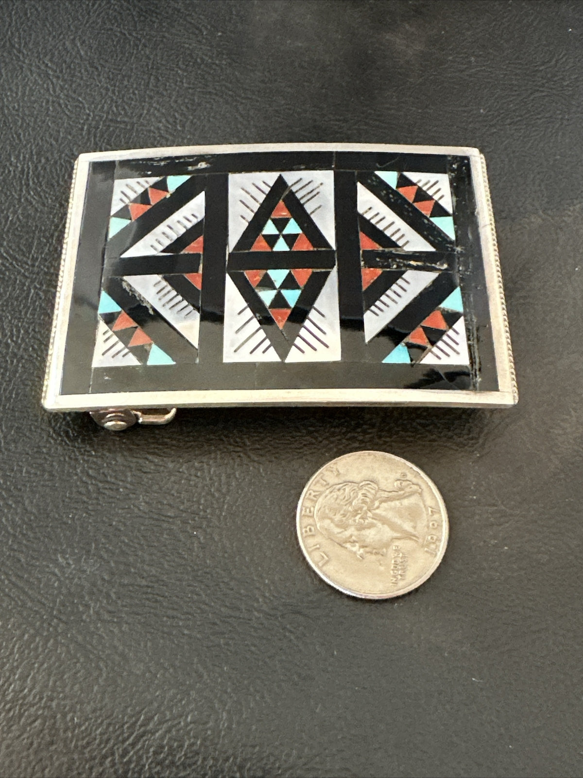 Zuni Black Onyx Belt Buckle Ranger Set Turquoise MOP Coral Sterling Silver 18141