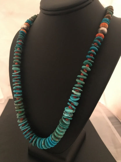 Kingman Turquoise Navajo Sterling Silver Spiny Necklace 32” 3684