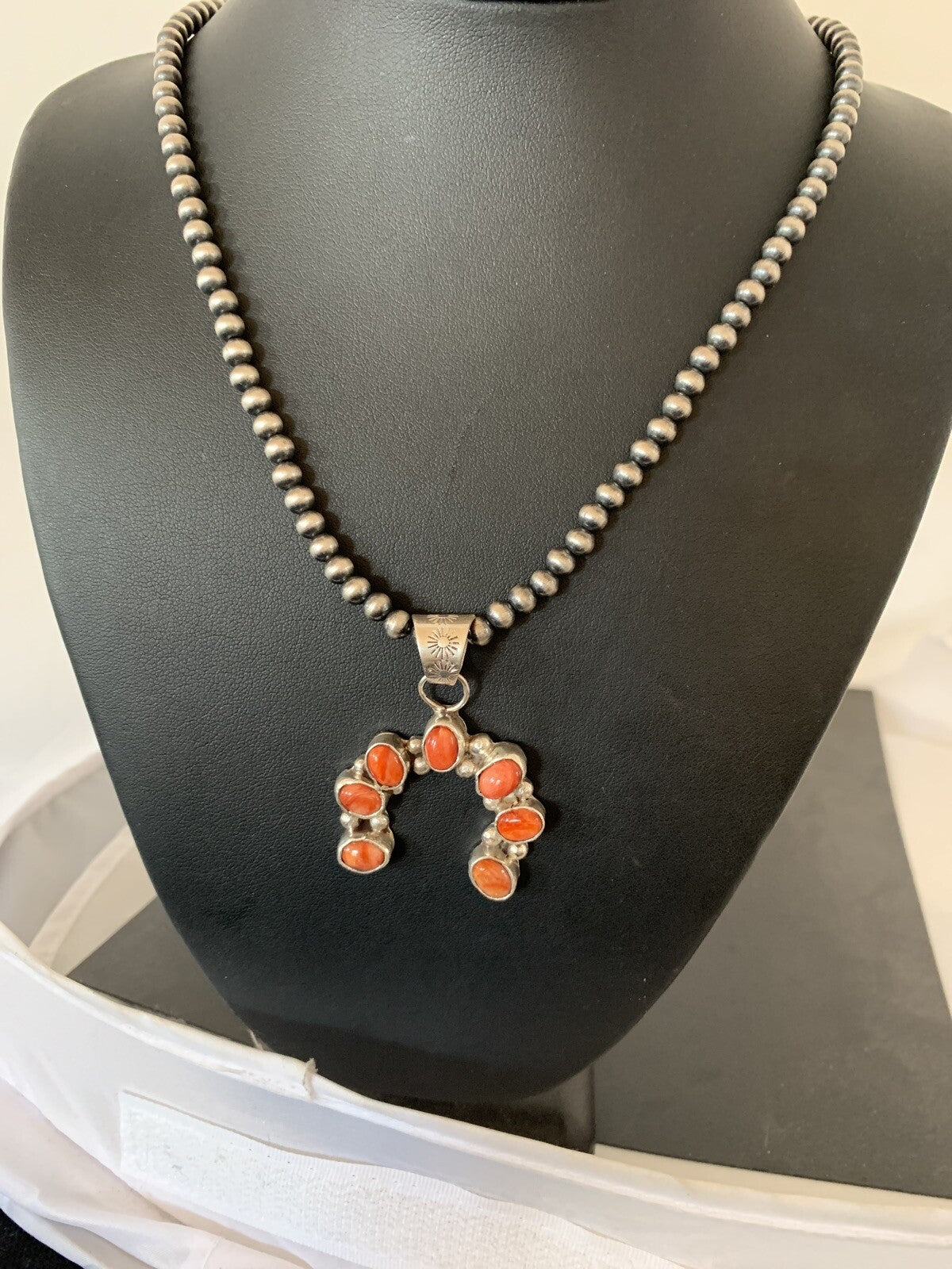 Red Spiny Oyster Naja Pendant Navajo Pearls Sterling Silver Necklace 00326