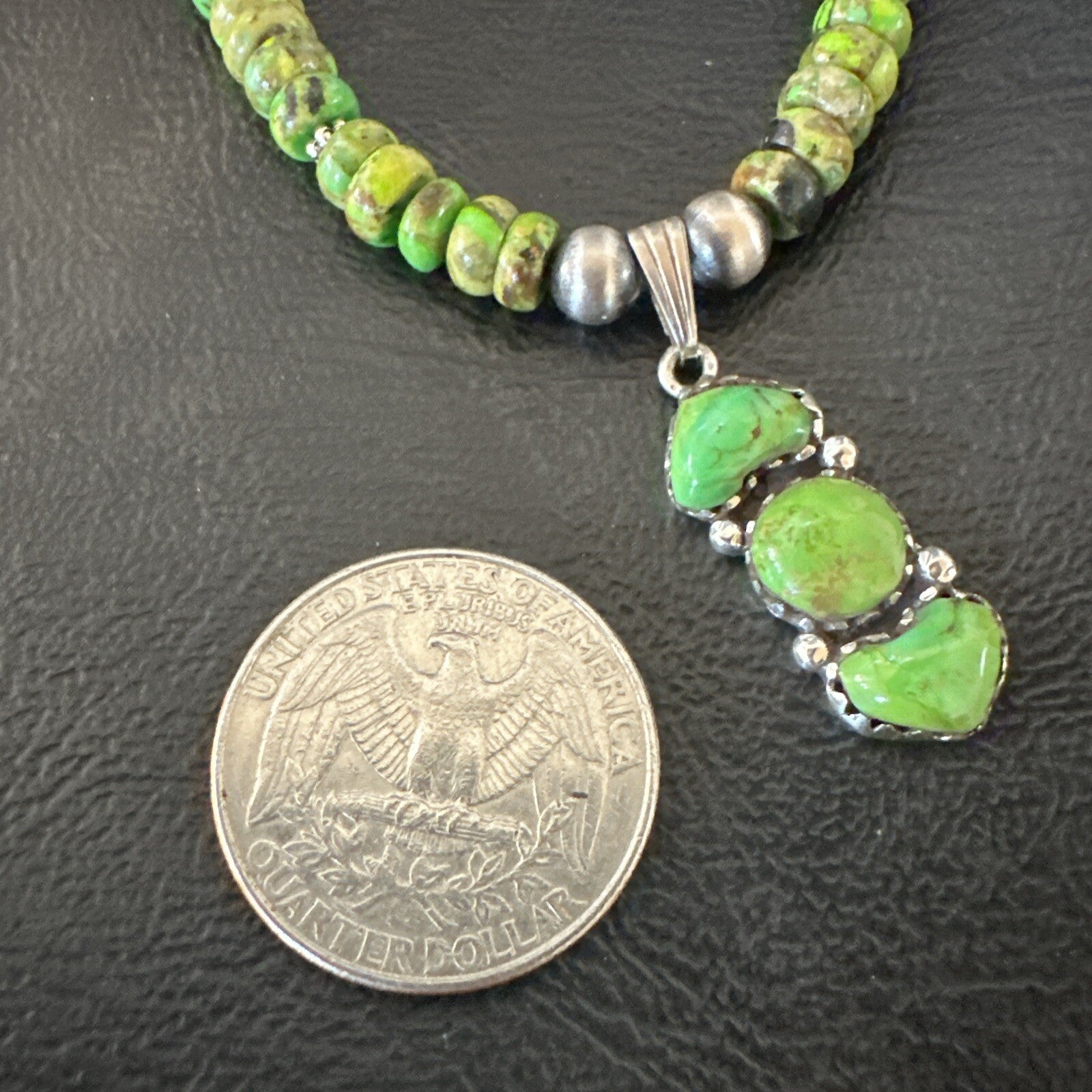 Womens Green Gaspeite Turquoise Pendant Navajo Sterling Silver Necklace 18388