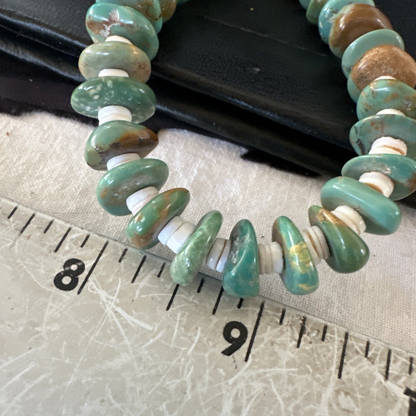 Green Royston Turquoise Shell Santo Domingo Sterling Silver Necklace 27” 19680