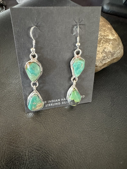 Green Royston Turquoise Navajo Sterling Silver Dangle Earrings 19370