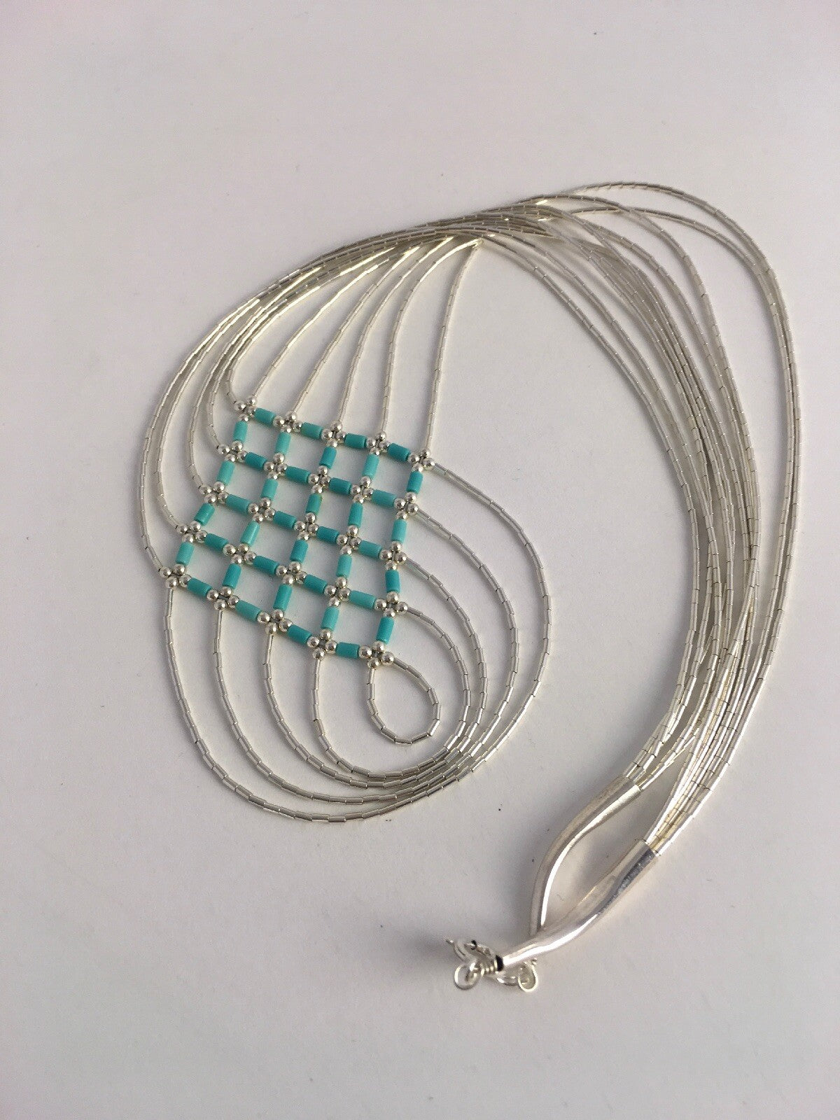 Turquoise Heishi Tubes Pendant 5 Strands Liquid Sterling Silver Necklace 0888