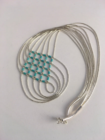 Turquoise Heishi Tubes Pendant 5 Strands Liquid Sterling Silver Necklace 0888