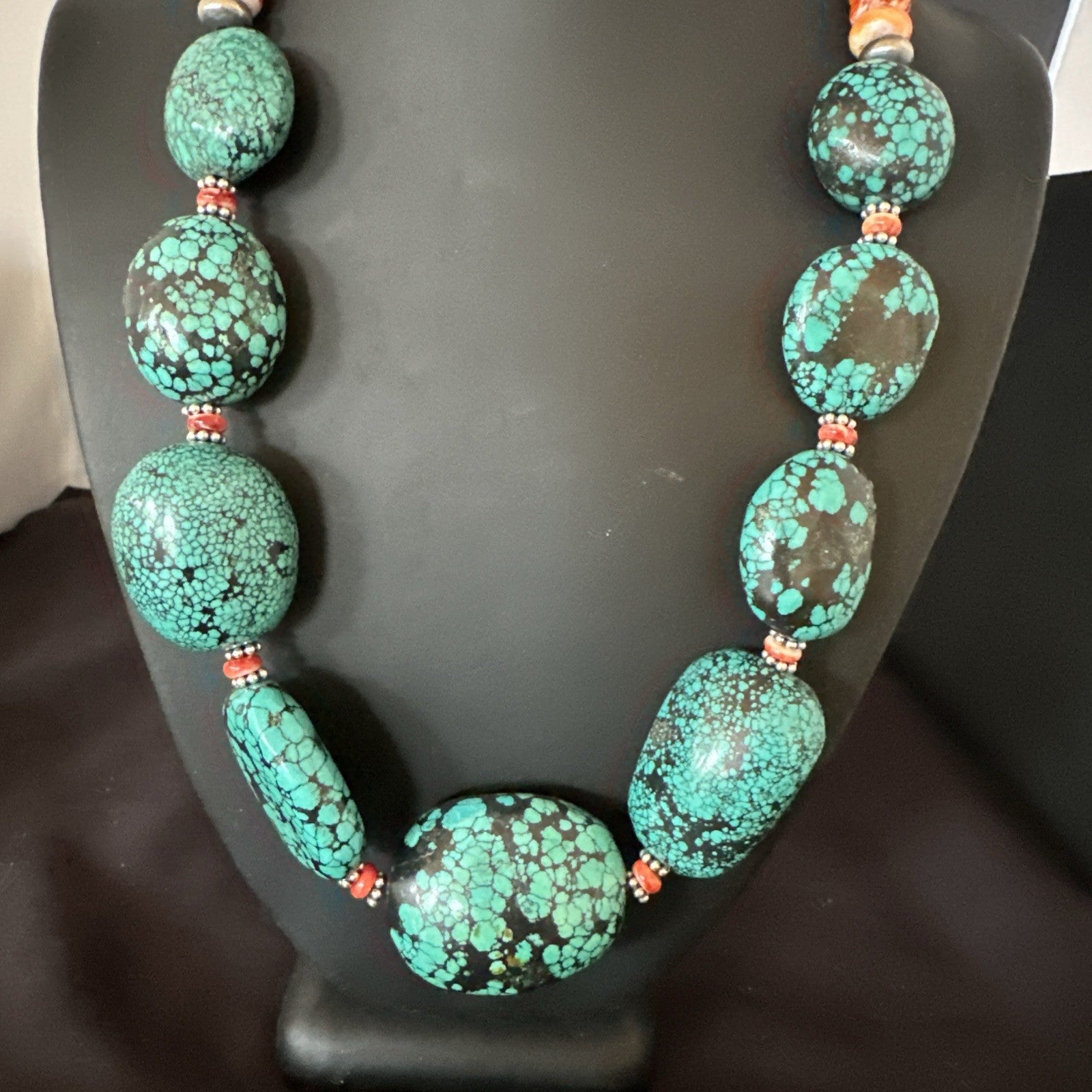 Blue Turquoise Red Spiny Chunky Navajo Sterling Silver Necklace 22” 19248