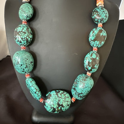 Blue Turquoise Red Spiny Chunky Navajo Sterling Silver Necklace 22” 19248