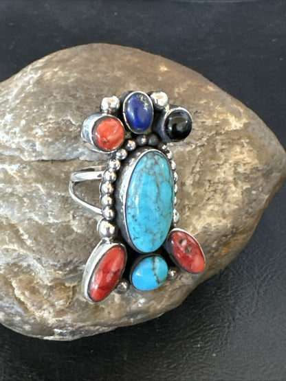 Cluster Blue Turquoise Spiny Oyster Onyx Sterling Silver Ring Size 8 18562