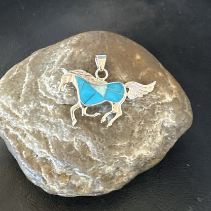 Horse Inlay Southwestern Cowboy Blue Turquoise Sterling Silver Pendant 2” 19160