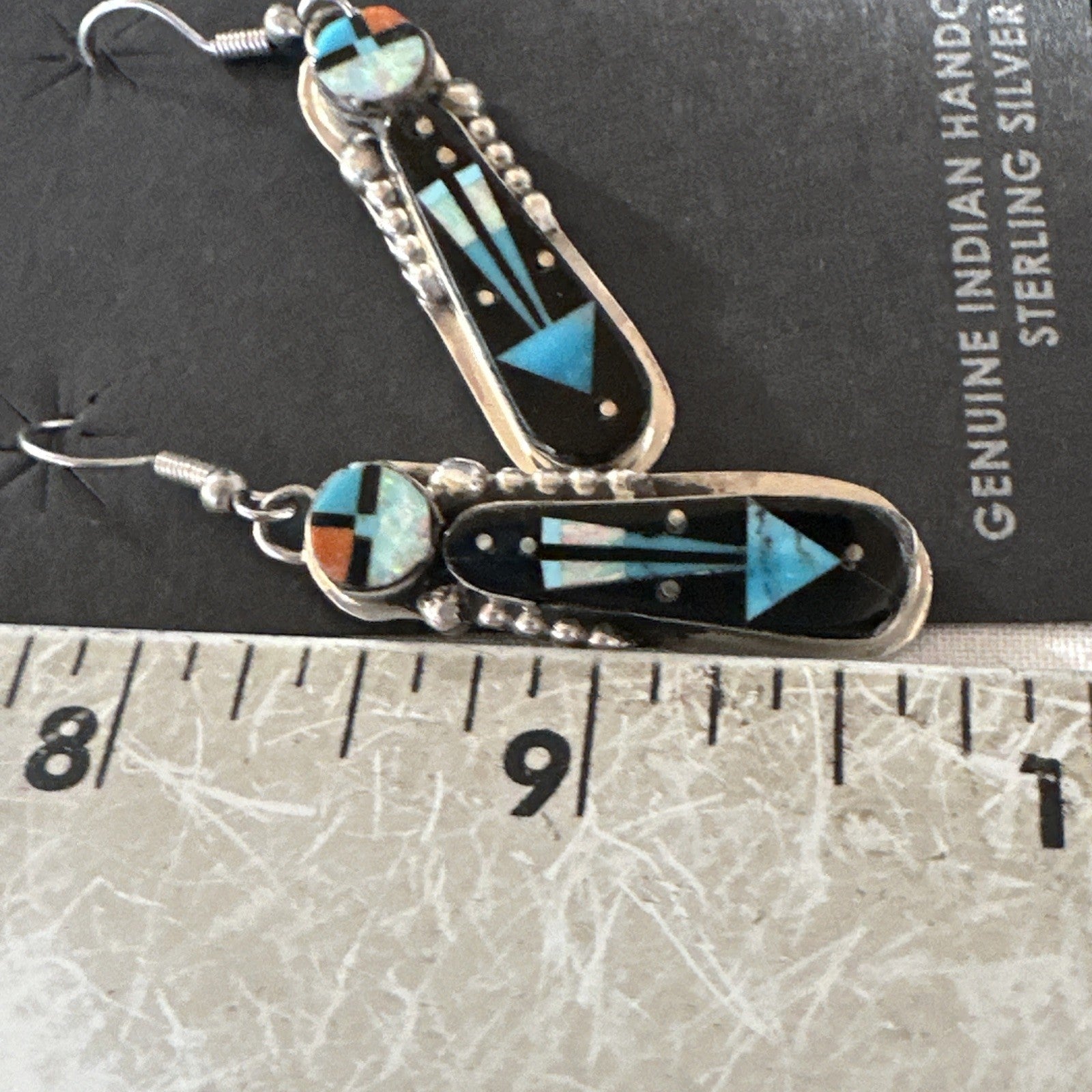 Navajo Onyx Opal Turquoise Inlay Earrings Sterling Silver Handmade 19773