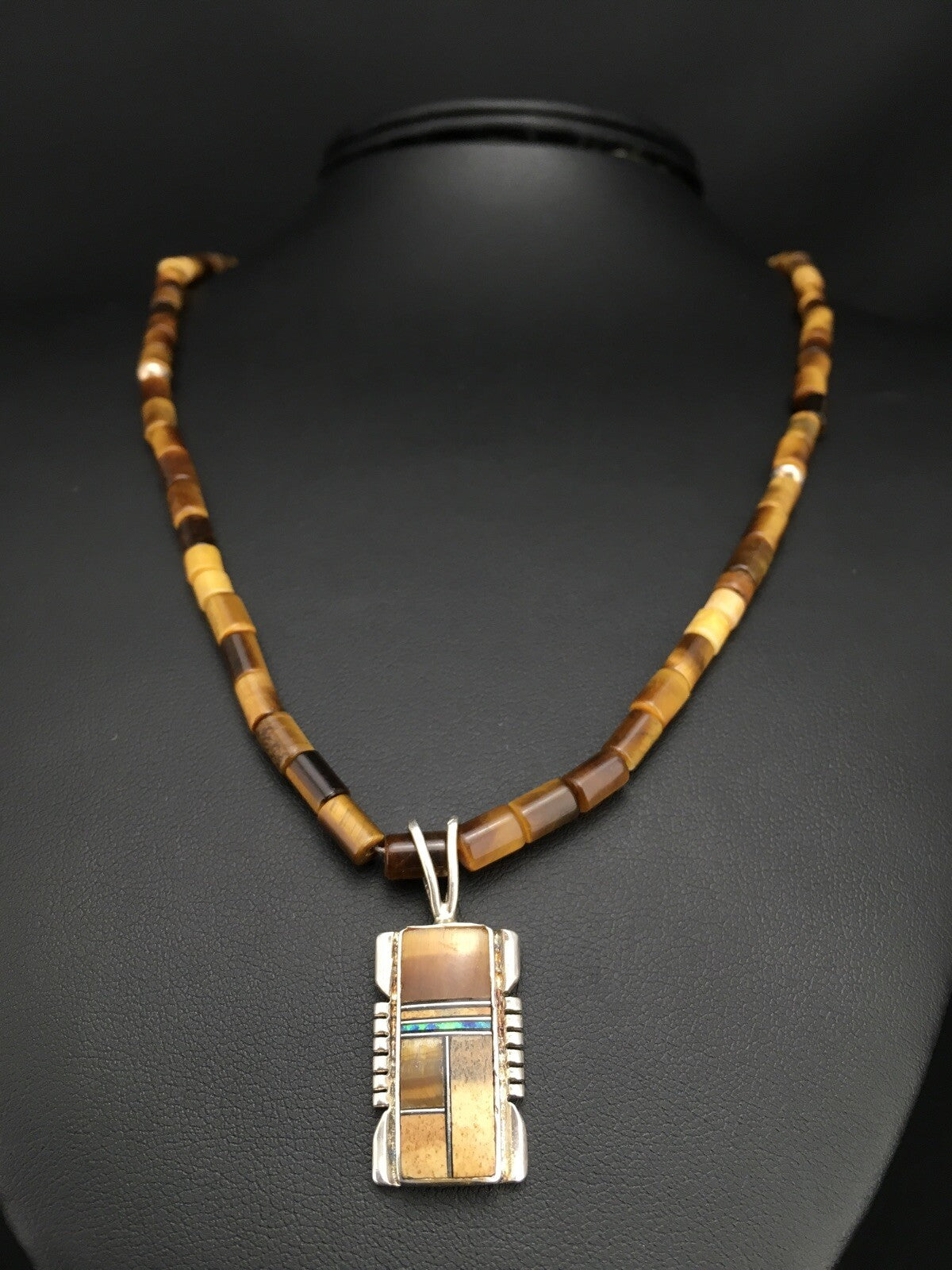 Native Tiger's Eye Inlay Pendant Navajo Sterling Silver 21" Necklace 4895