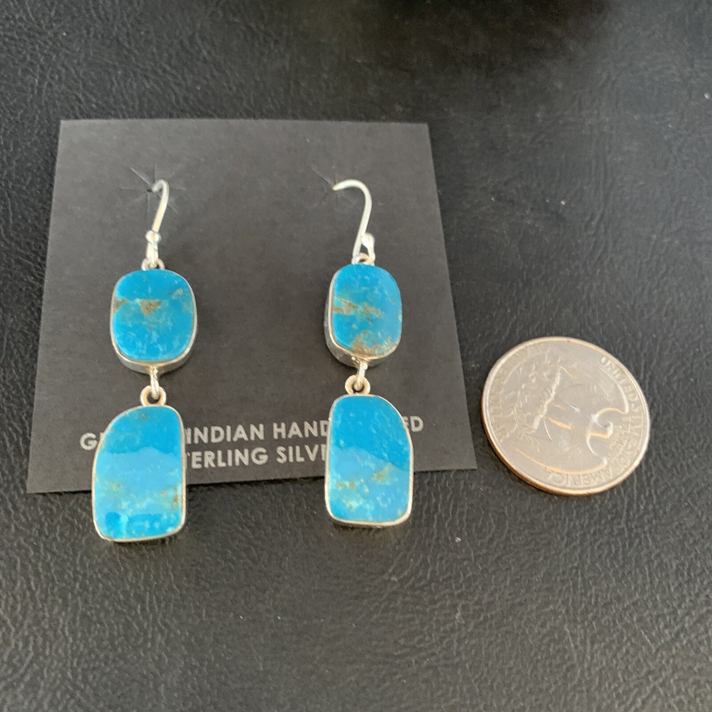 Kingman Turquoise Handmade Navajo Sterling Silver Dangle Earrings 1.5" 14010