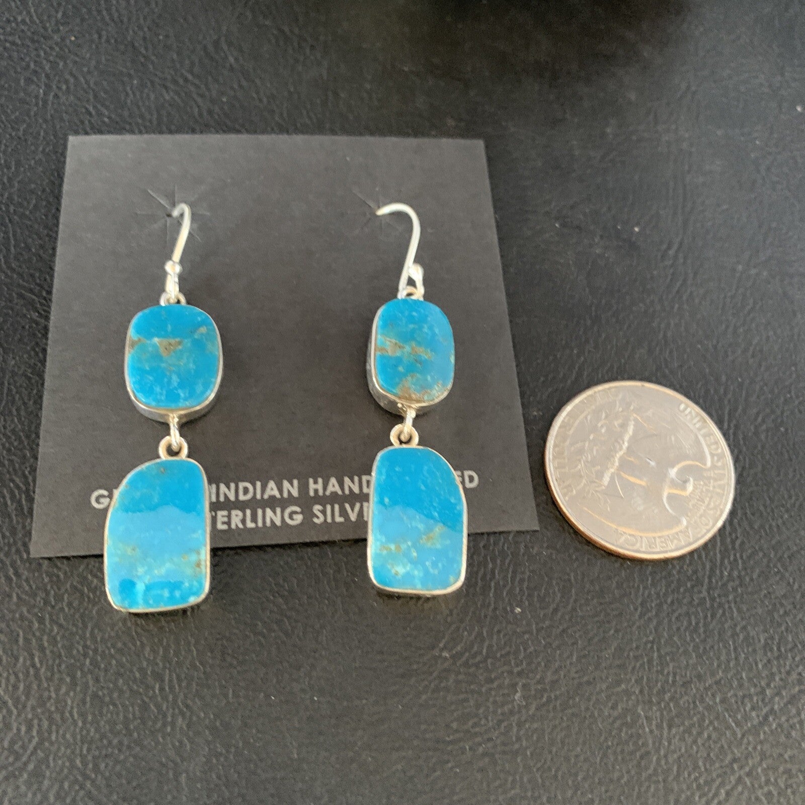 Kingman Turquoise Handmade Navajo Sterling Silver Dangle Earrings 1.5" 14010