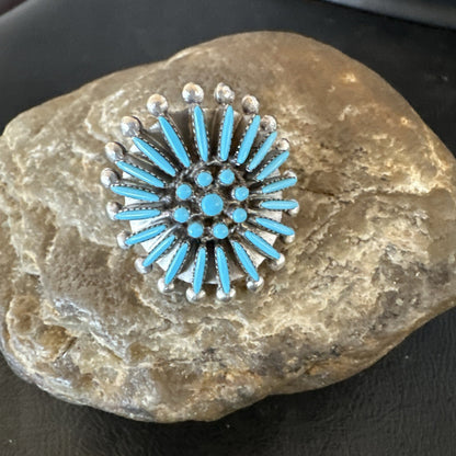 Blue Turquoise Zuni Sterling Silver Needle Point Cluster Ring Size 8 17843
