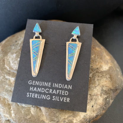 Native Womens Blue Opal Inlay Navajo Sterling Silver Dangle Earrings 12777
