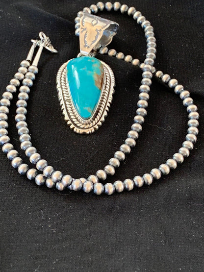 Navajo American Sterling Silver Kingman Turquoise Necklace Pendant Set 02992