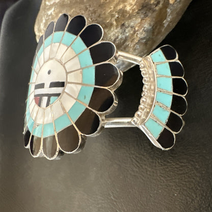 Old Pawn Sunface Turquoise Zuni Sterling Silver Onyx Bracelet 6.75” 19128