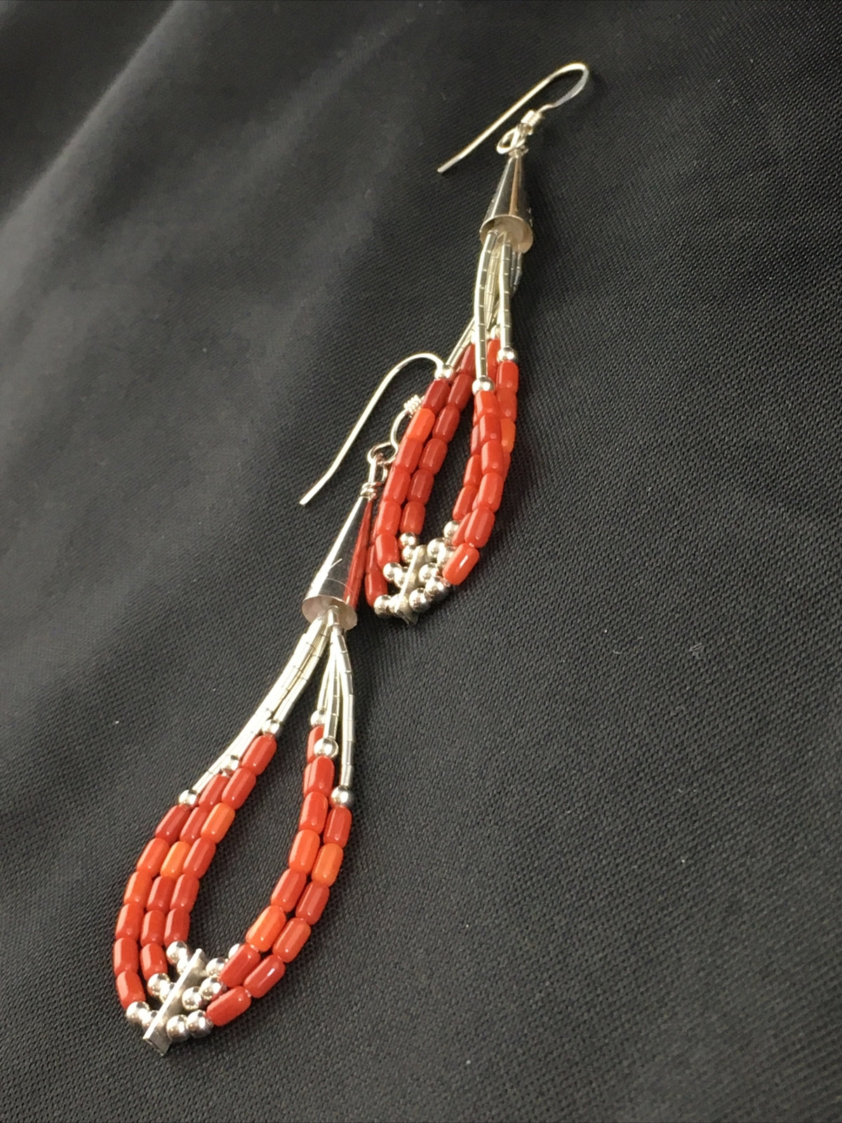 Red Coral 3 Strands Heishi Liquid Sterling Silver Dangle Earrings 1977