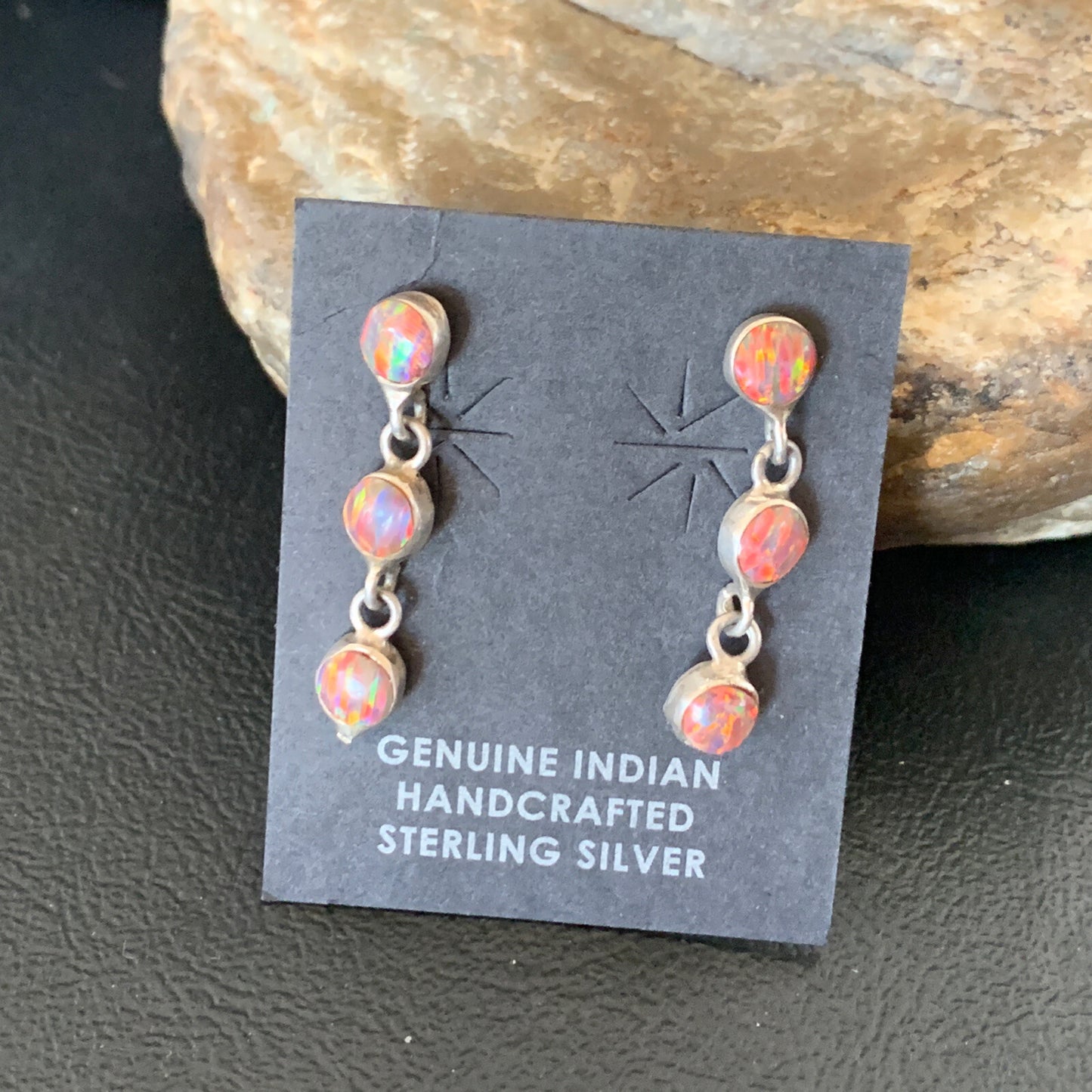 Womens Pink Opal Inlay Navajo Sterling Silver Dangle Post Earrings 1" 12760