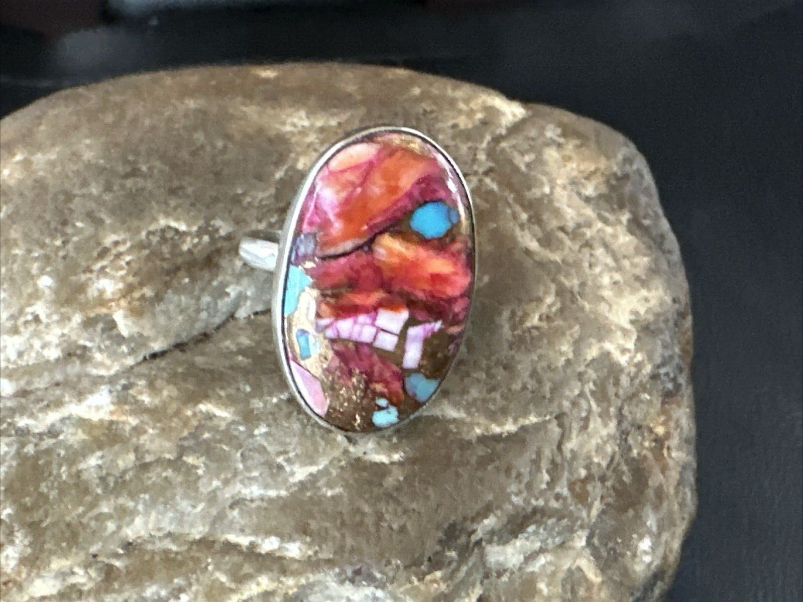 Blue Turquoise Purple Spiny Oyster Navajo Sterling Silver Ring Size 6 18205