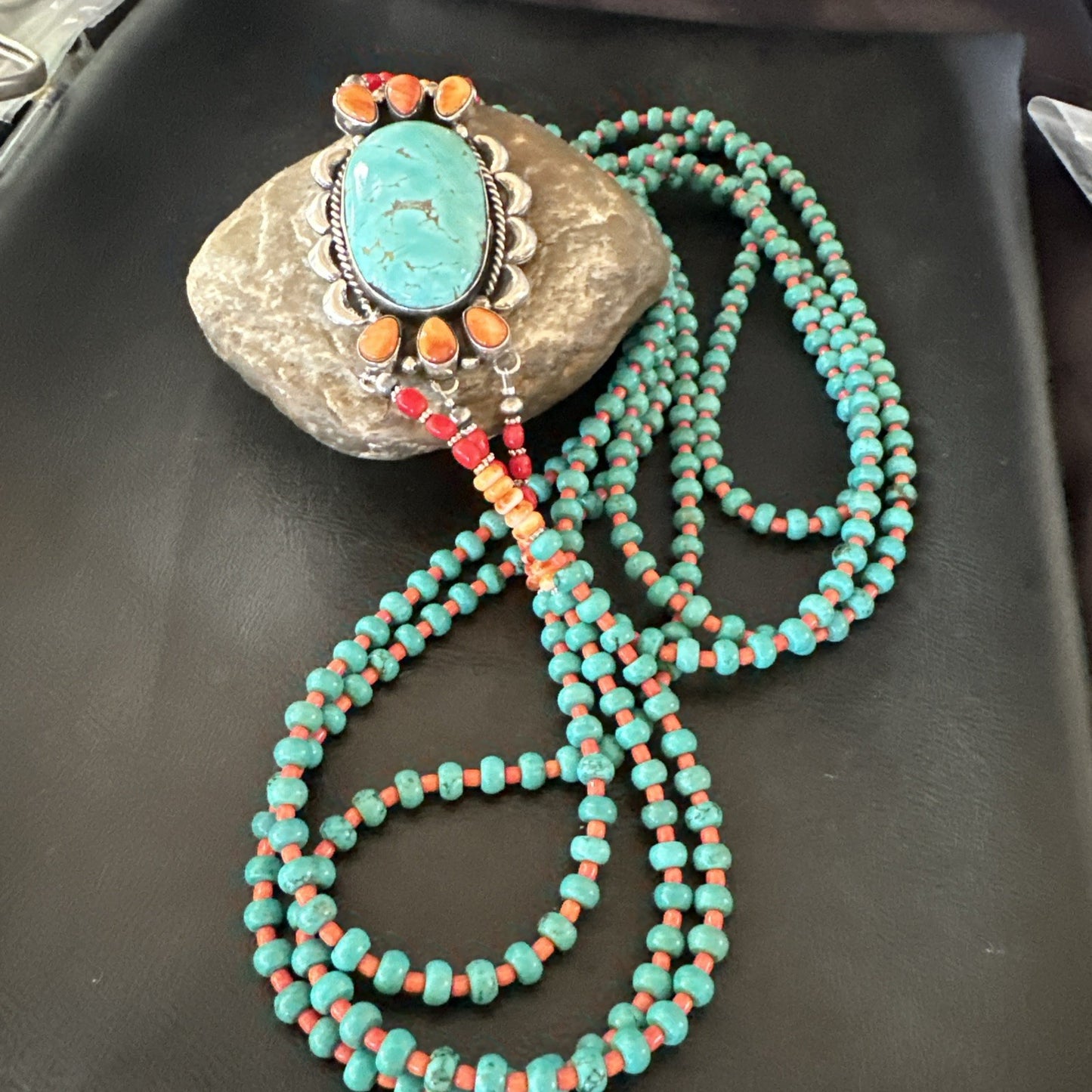 XL Statement Green Turquoise Spiny Navajo 3S Sterling Silver Necklace 34” 19676