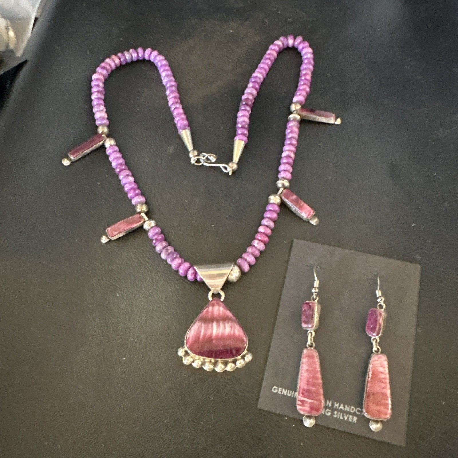 Purple Stone Spiny Oyster Sterling Silver Necklace Earrings 20” 19088 J B