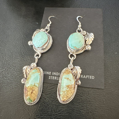 Green Royston Turquoise Navajo Sterling Silver Dangle Earrings 19601