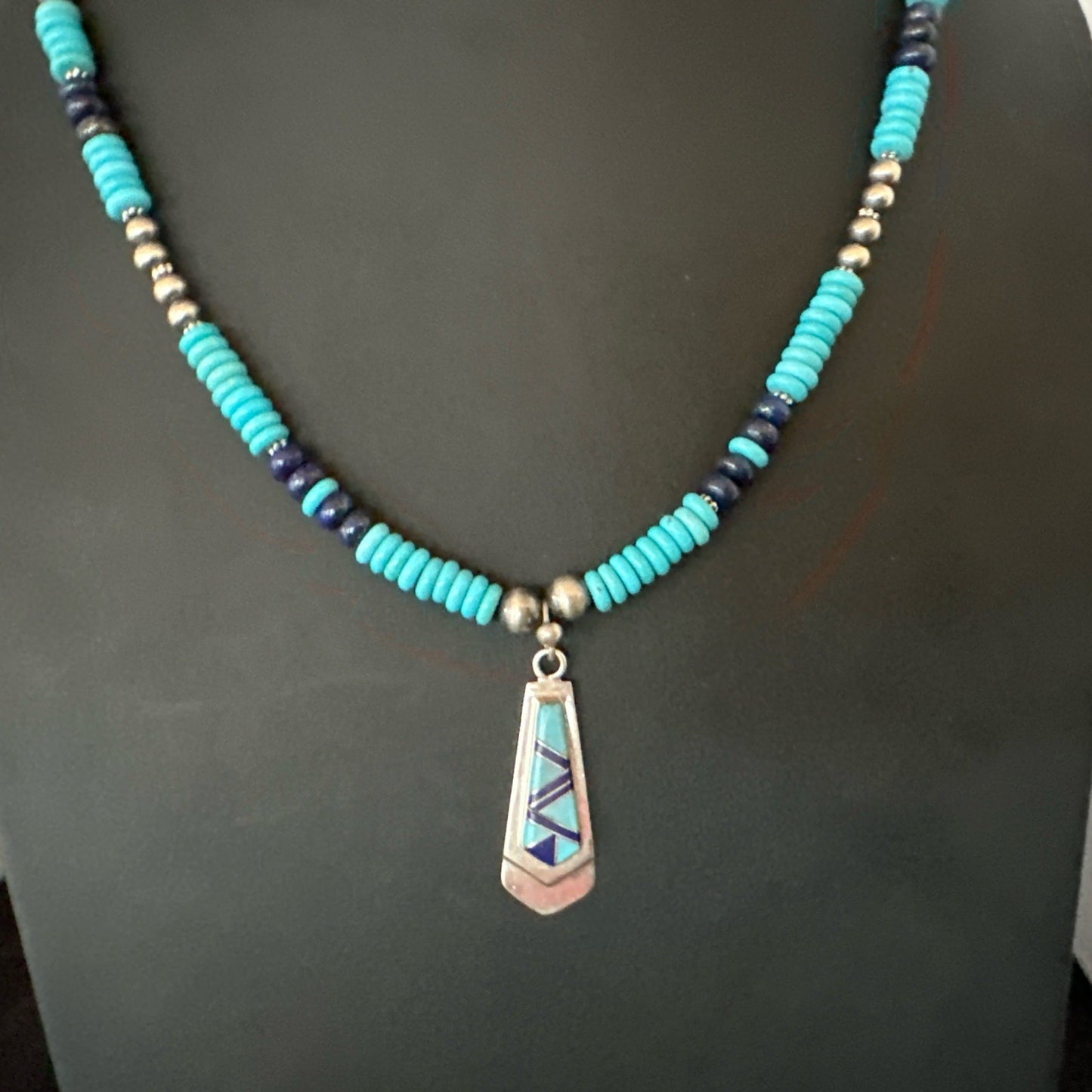 Blue Lapis Turquoise Inlay Pendant Navajo Sterling Silver Necklace 20" 19657