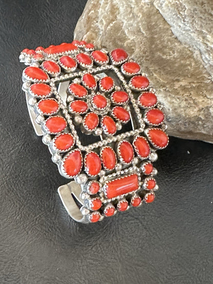Mens Womens Red Coral Navajo Sterling Silver Cluster Cuff Bracelet 7.25" 19426