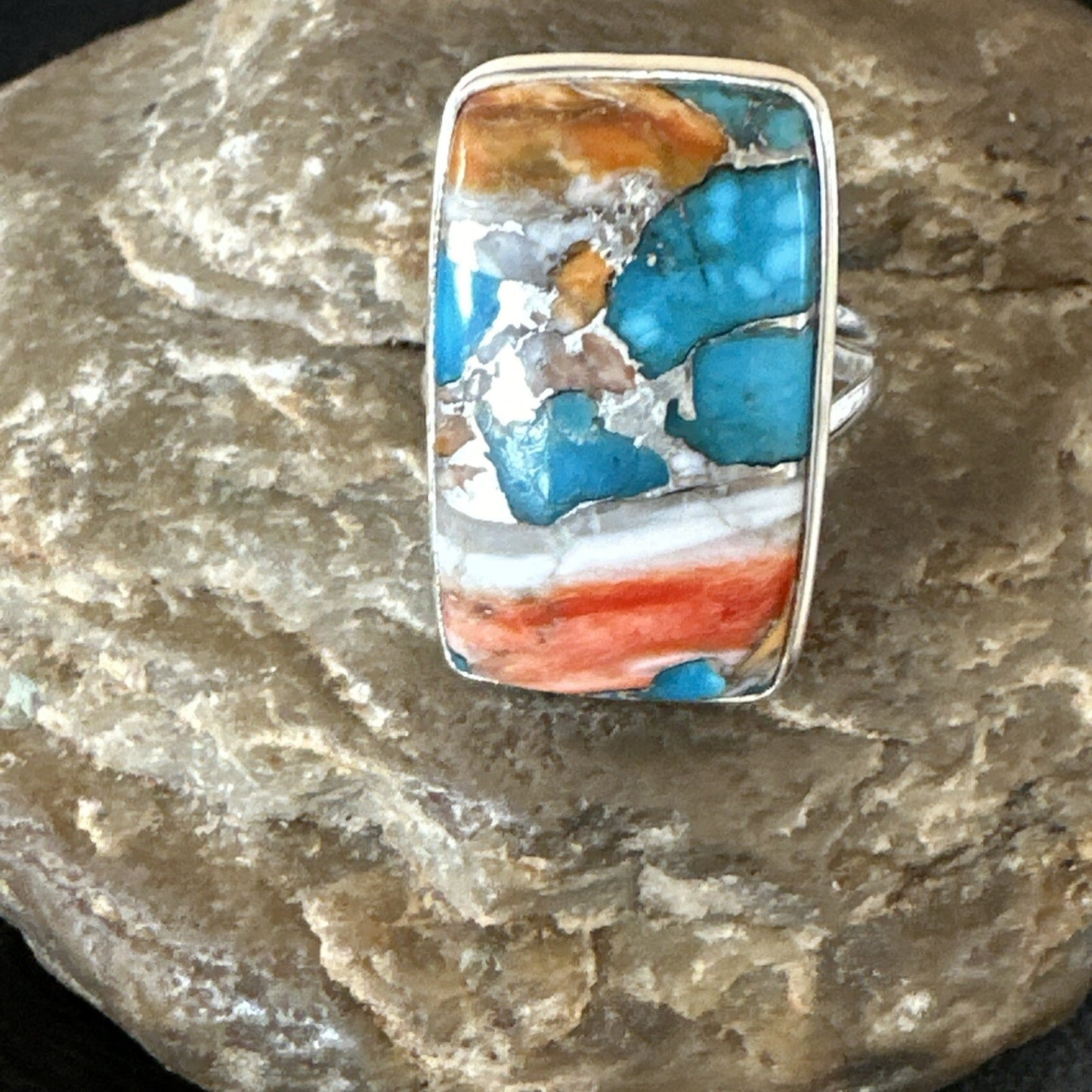 Blue Turquoise Orange Spiny Oyster Navajo Sterling Silver Ring Size 10 18246